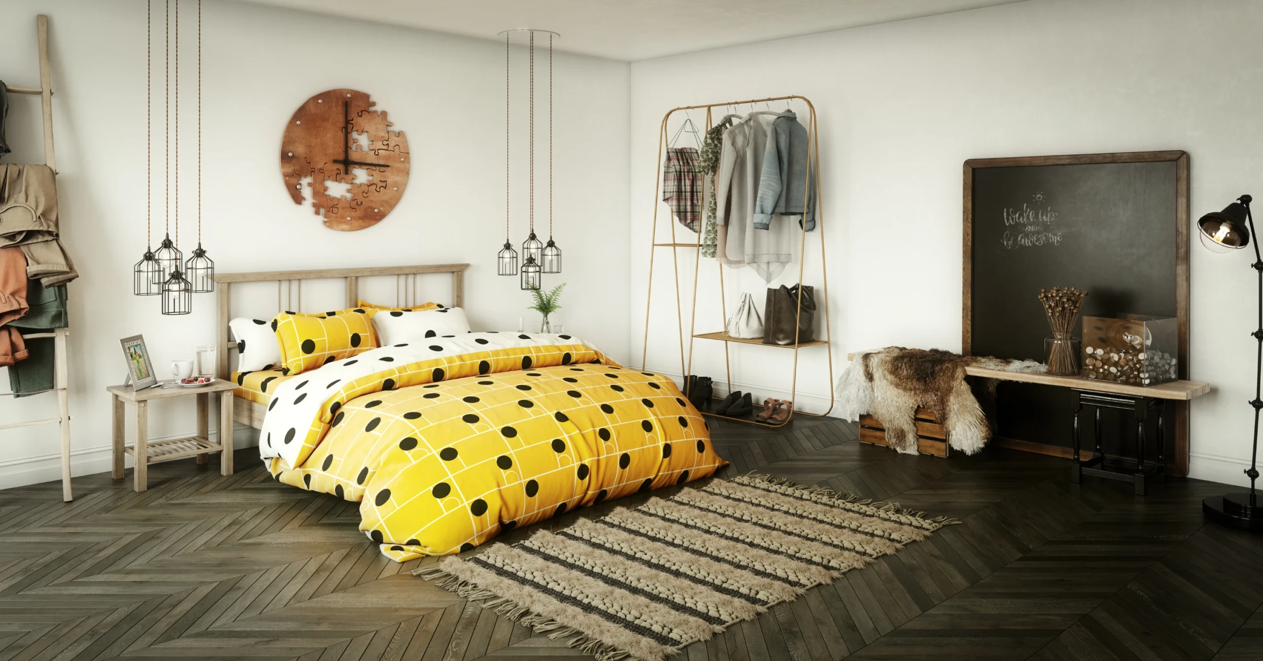 A sleek clothing rack in a small apartment bedroom, showing how to organize a bedroom with no closet.